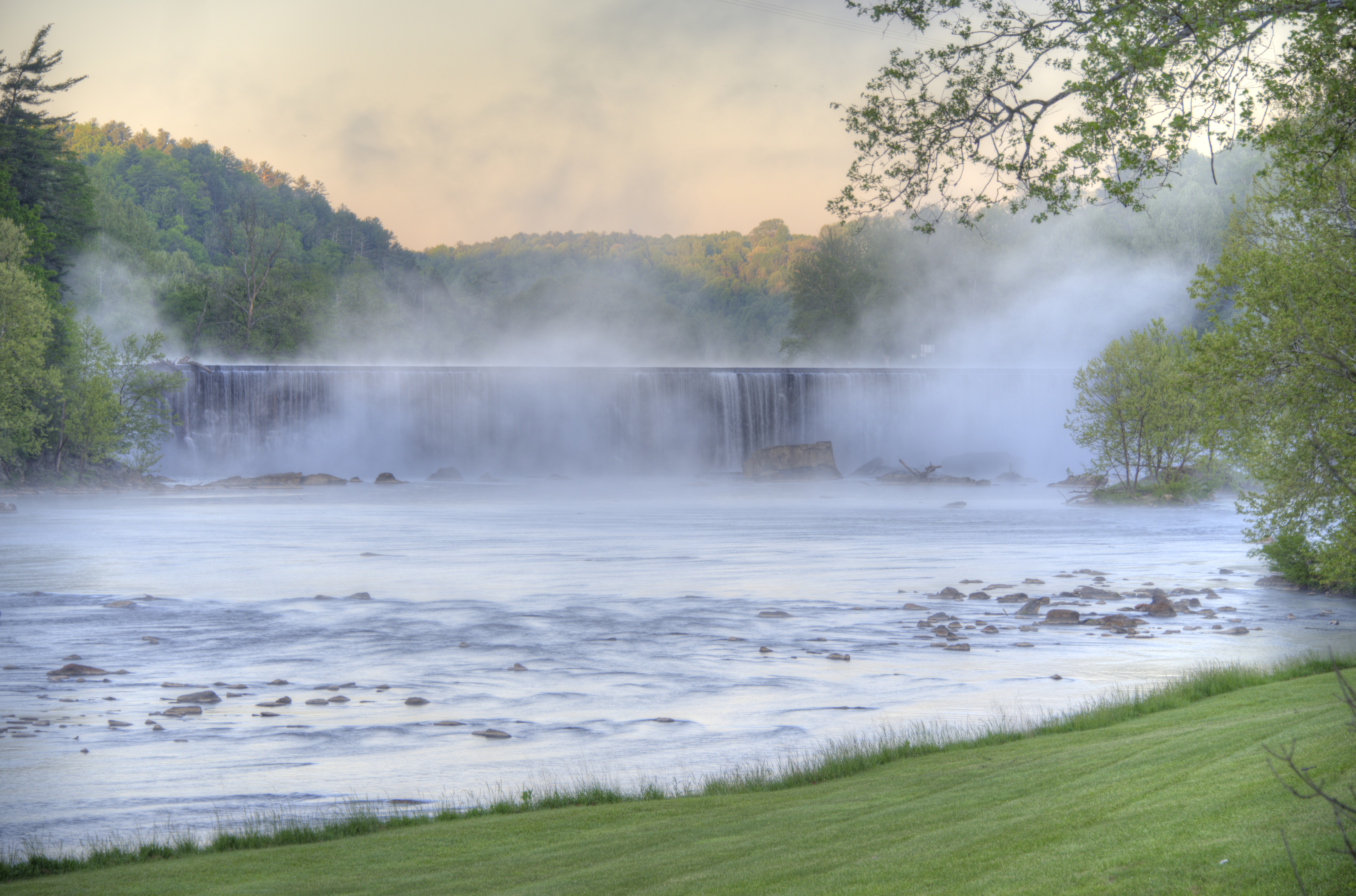 The hydroelectric dam at Fries, Virginia, enshrouded in mist