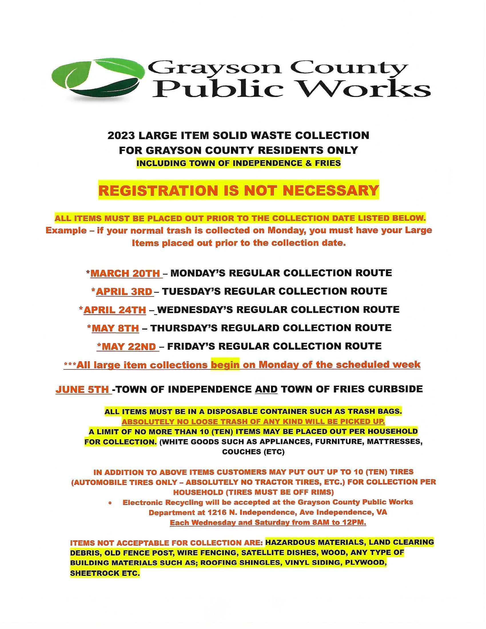 Grayson County VA Solid Waste Large Item Collection schedule 2023
