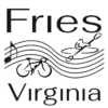 Fries, VA logo. A stylized graphic representing major attributes of the Town of Fries, a set of flowing line which represent the New River and a musical staff, a line drawing of a bicycle, a line drawing of a kayak, and a musical note.. Bracketing this graphic on top fo bottom are the words "Fries" and "Virginia".