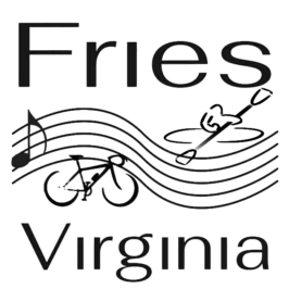 Fries, VA logo. A stylized graphic representing major attributes of the Town of Fries, a set of flowing line which represent the New River and a musical staff, a line drawing of a bicycle, a line drawing of a kayak, and a musical note.. Bracketing this graphic on top fo bottom are the words "Fries" and "Virginia".